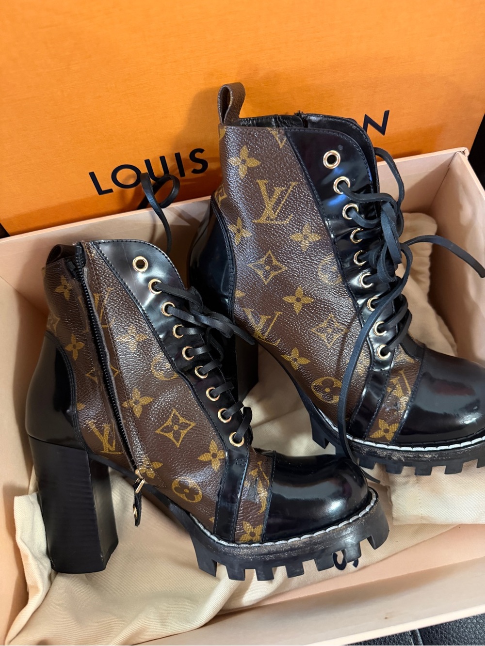 Louis Vuitton Brown Monogram Patent Trim Lace-Up Chunky Heel Boots